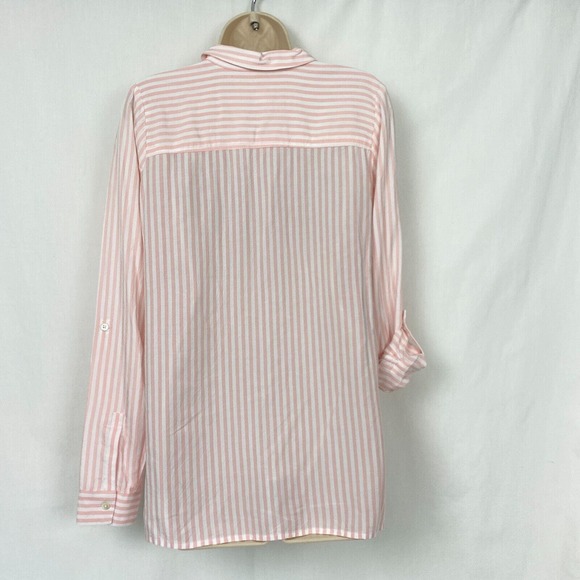 J Jill Button Up Tunic Top Womens XS Striped Pink White Pocket Roll Tab Sleeve - Picture 5 of 12